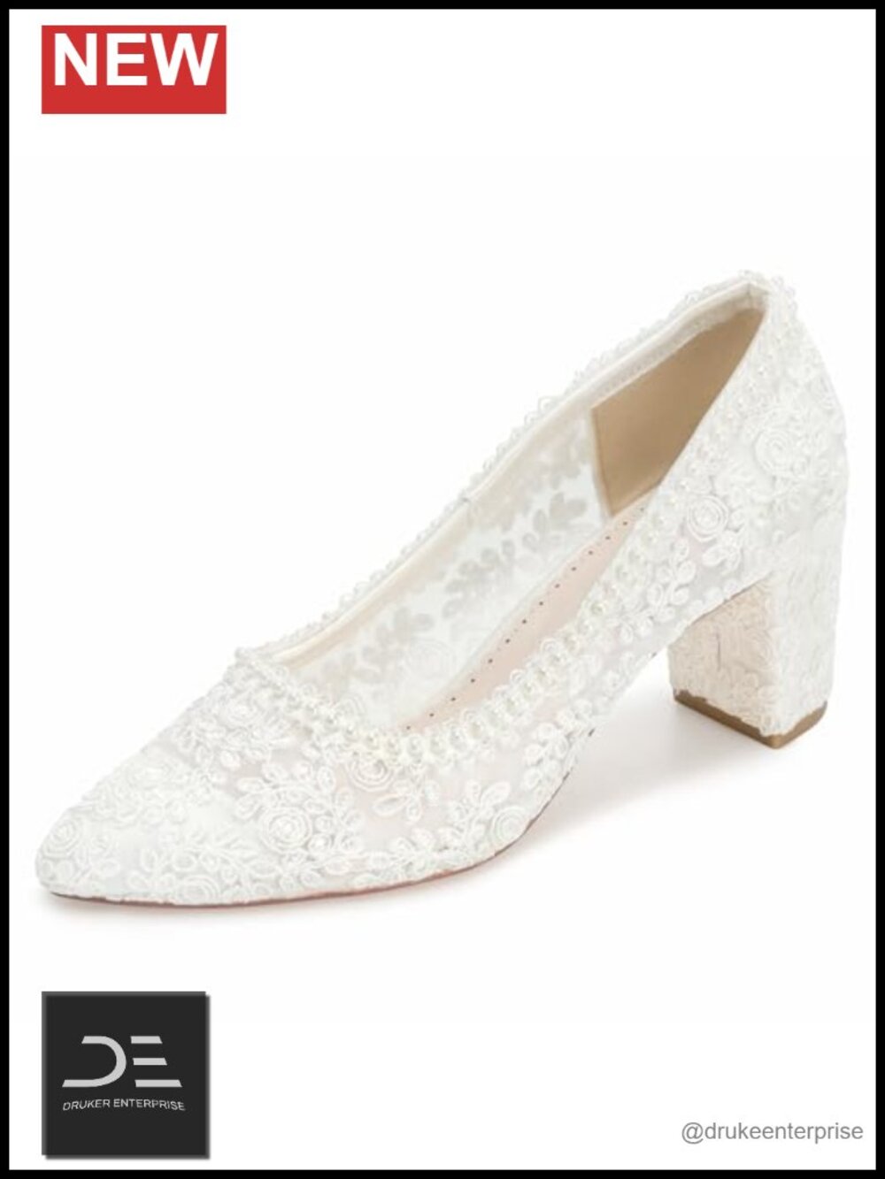 Women's Ivory Lace Pearl Block Heel Pumps - 2.56 Inch Heel